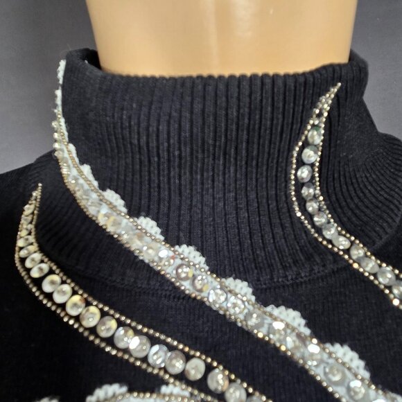 Vintage Black Sweater Silver Sequined Beaded Bird Size M High Neck 90s Y2K - Picture 4 of 11